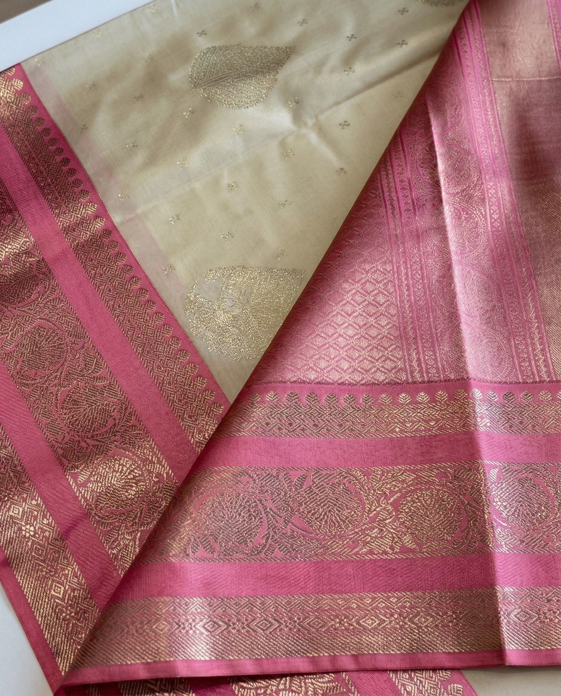 Dharitri - Ivory Pink Kanjivaram Style Saree with Rich Zari Border