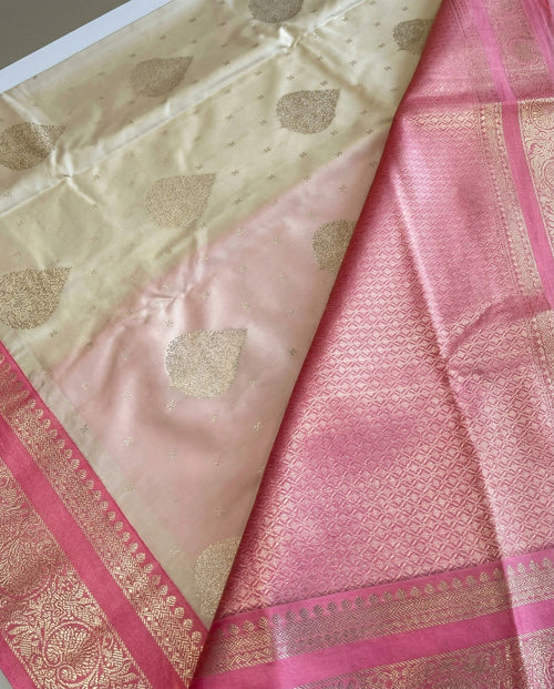 Dharitri - Ivory Pink Kanjivaram Style Saree with Rich Zari Border