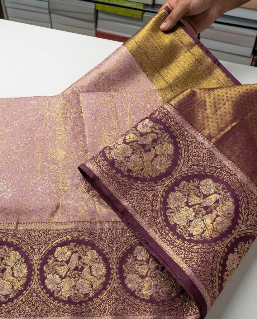 Khushboo - Lavender Banarasi Silk Saree with Rich Wine Zari Border