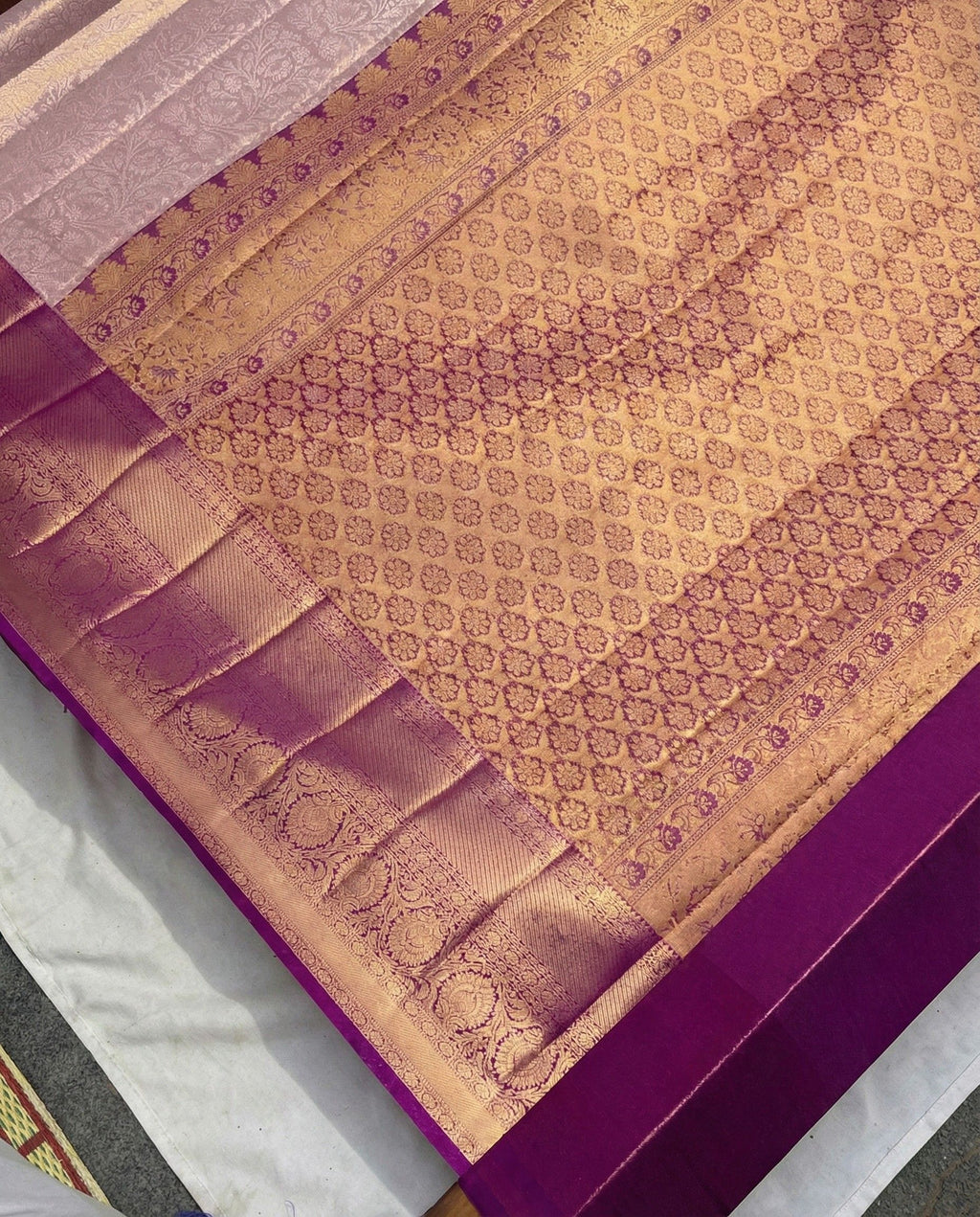 Jivika – Blush Pink & Purple Semi Kanchipuram Tissue Bridal Silk Saree