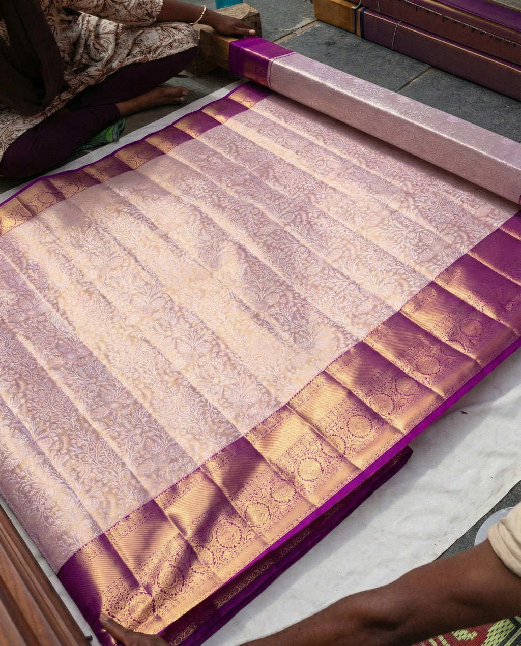 Jivika – Blush Pink & Purple Semi Kanchipuram Tissue Bridal Silk Saree