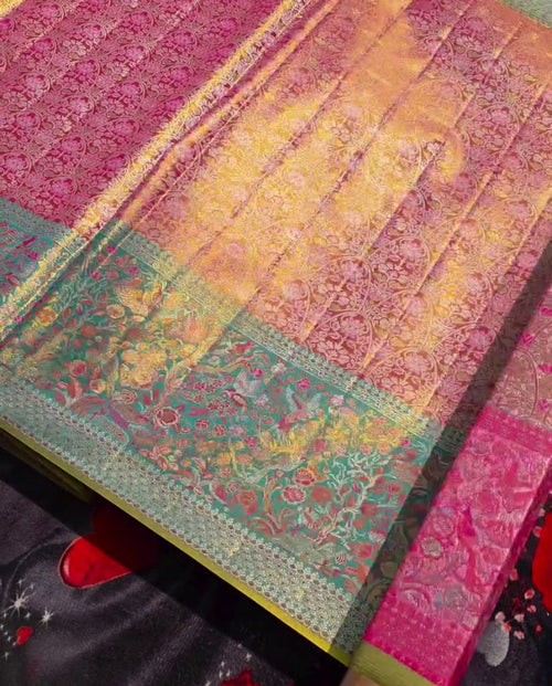 Mohini - Pink Banarasi Silk Saree with Teal Green Zari Border