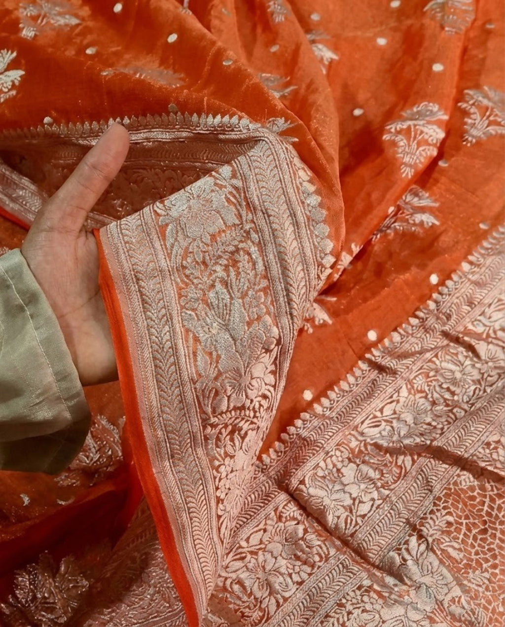 Roshni - Rust Orange Handwoven Tissue Georgette Saree with Silver Zari Floral Border