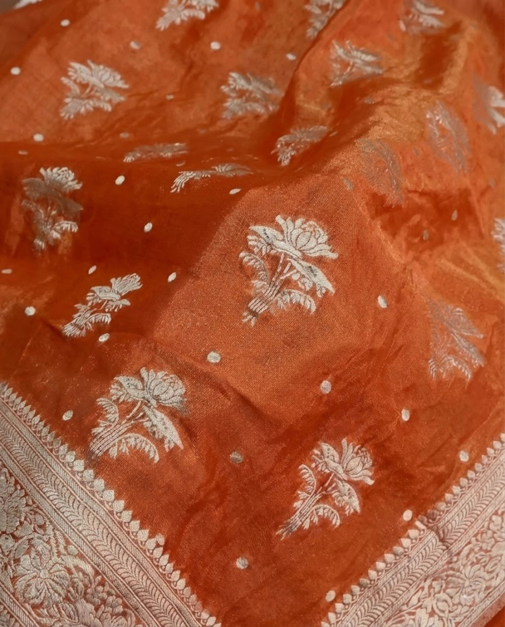 Roshni - Rust Orange Handwoven Tissue Georgette Saree with Silver Zari Floral Border