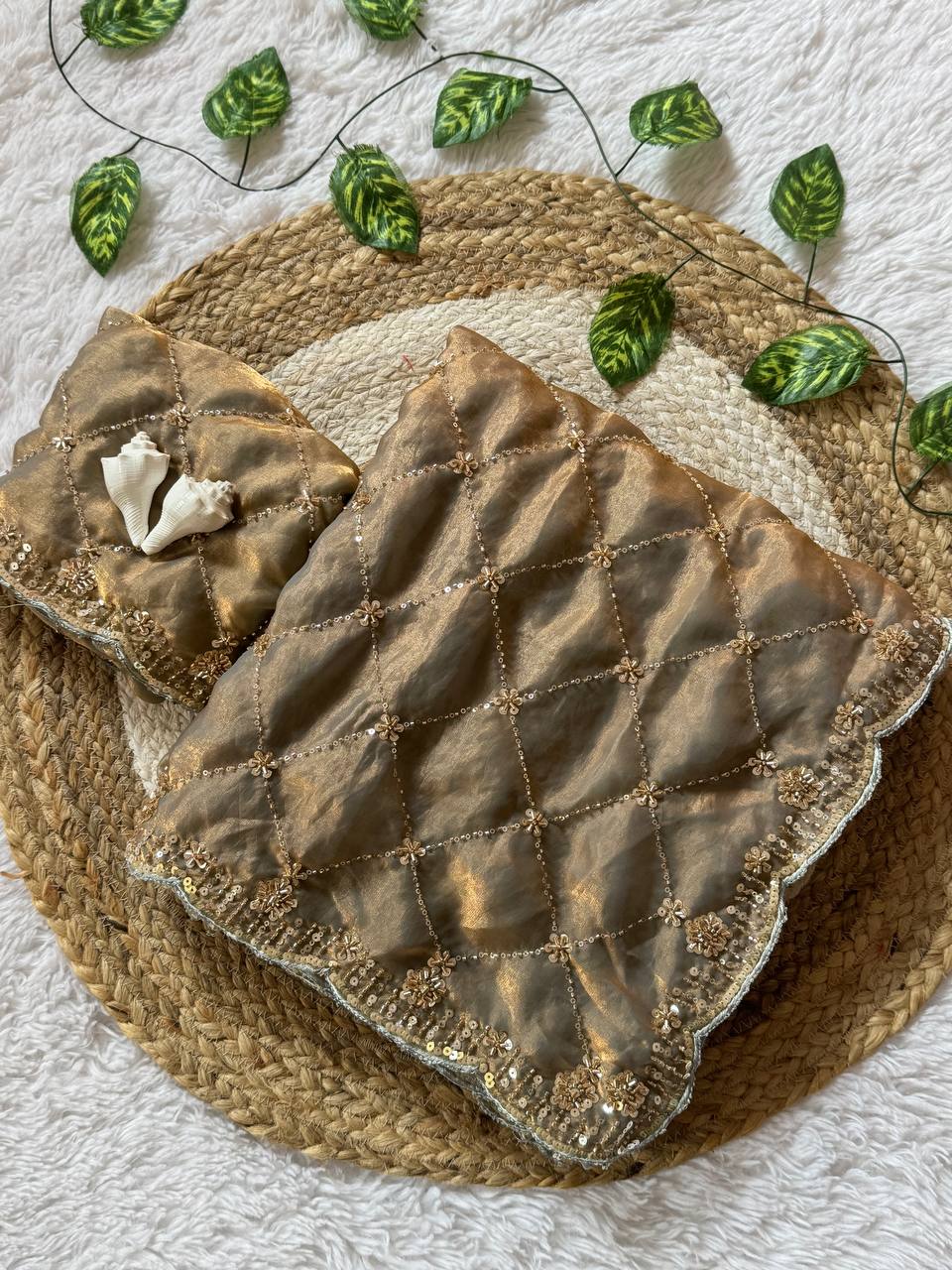 Gold Space Silk Designer Saree with Beads & Sequin Handwork