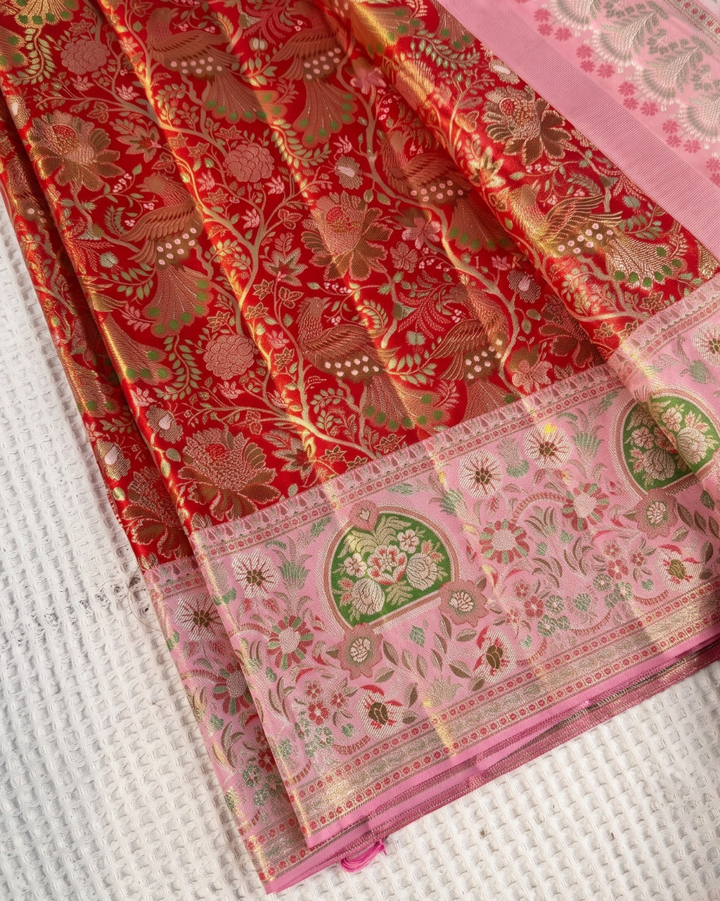 Faira - Vermilion Peacock Woven Banarasi Silk Blend Saree