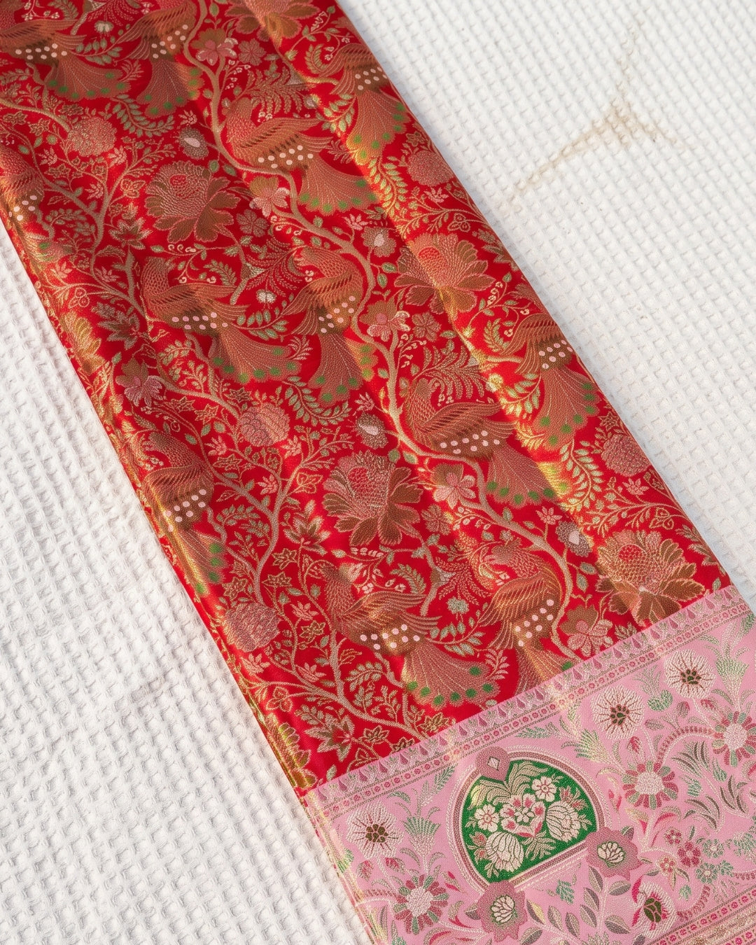 Faira - Vermilion Peacock Woven Banarasi Silk Blend Saree