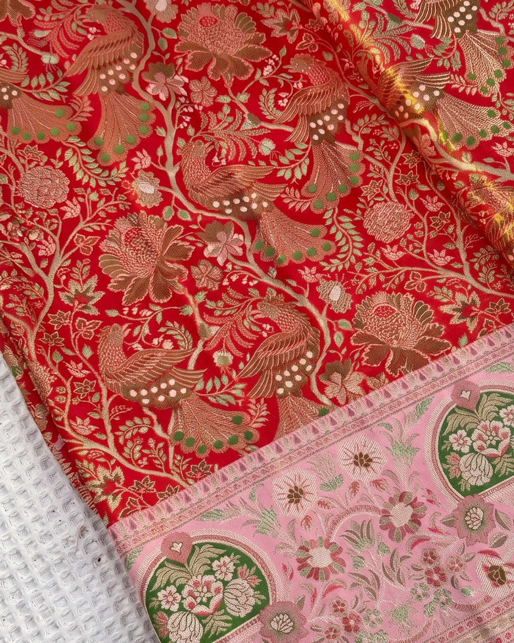Faira - Vermilion Peacock Woven Banarasi Silk Blend Saree