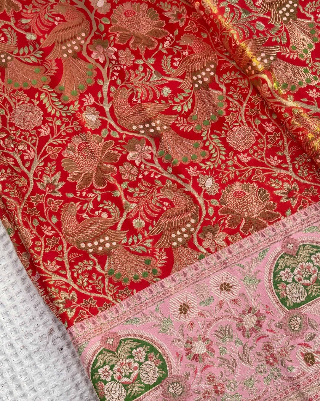 Faira - Vermilion Peacock Woven Banarasi Silk Blend Saree