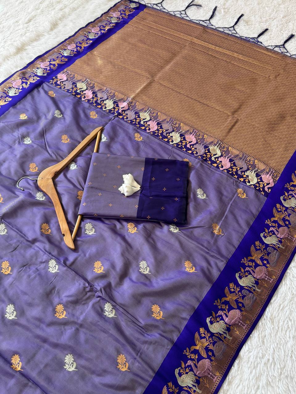 Purple Soft Silk Saree with Zari Jacquard Border & Swan Motif Work