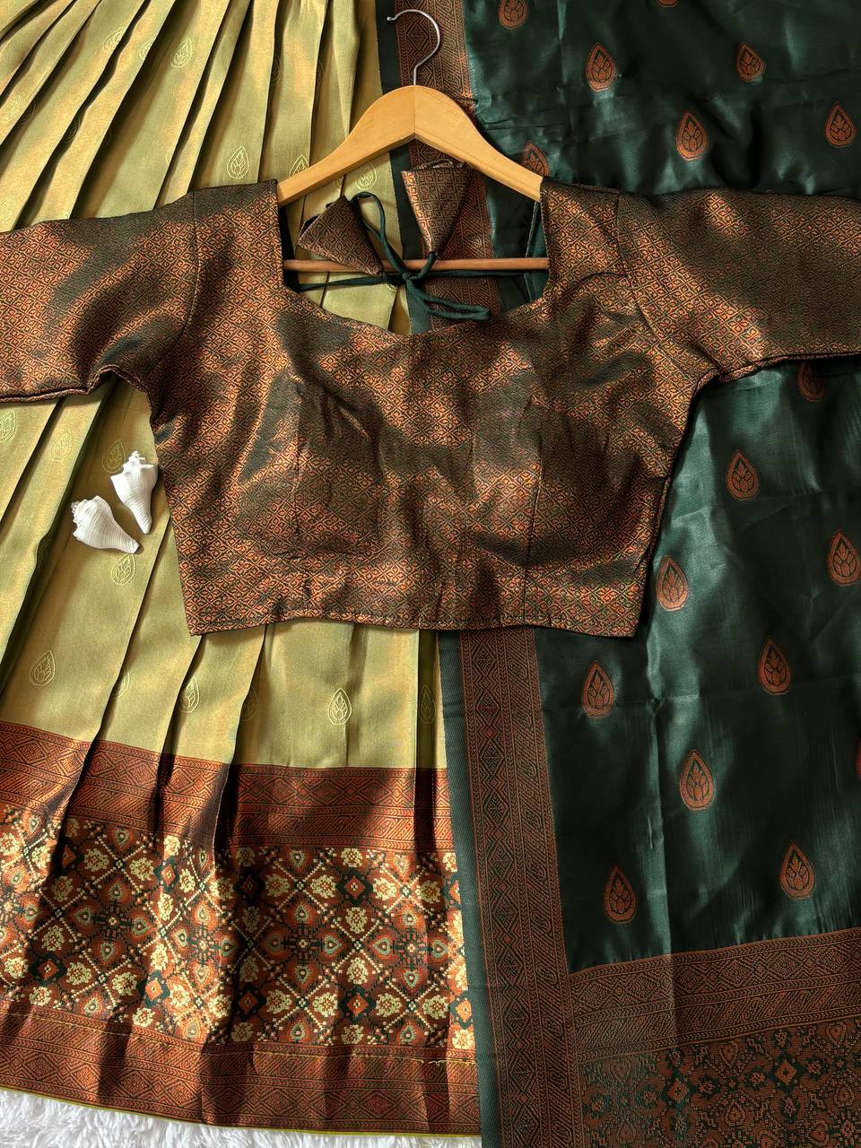 Olive Green Kanjiveram Silk Half Saree with Copper Zari Border