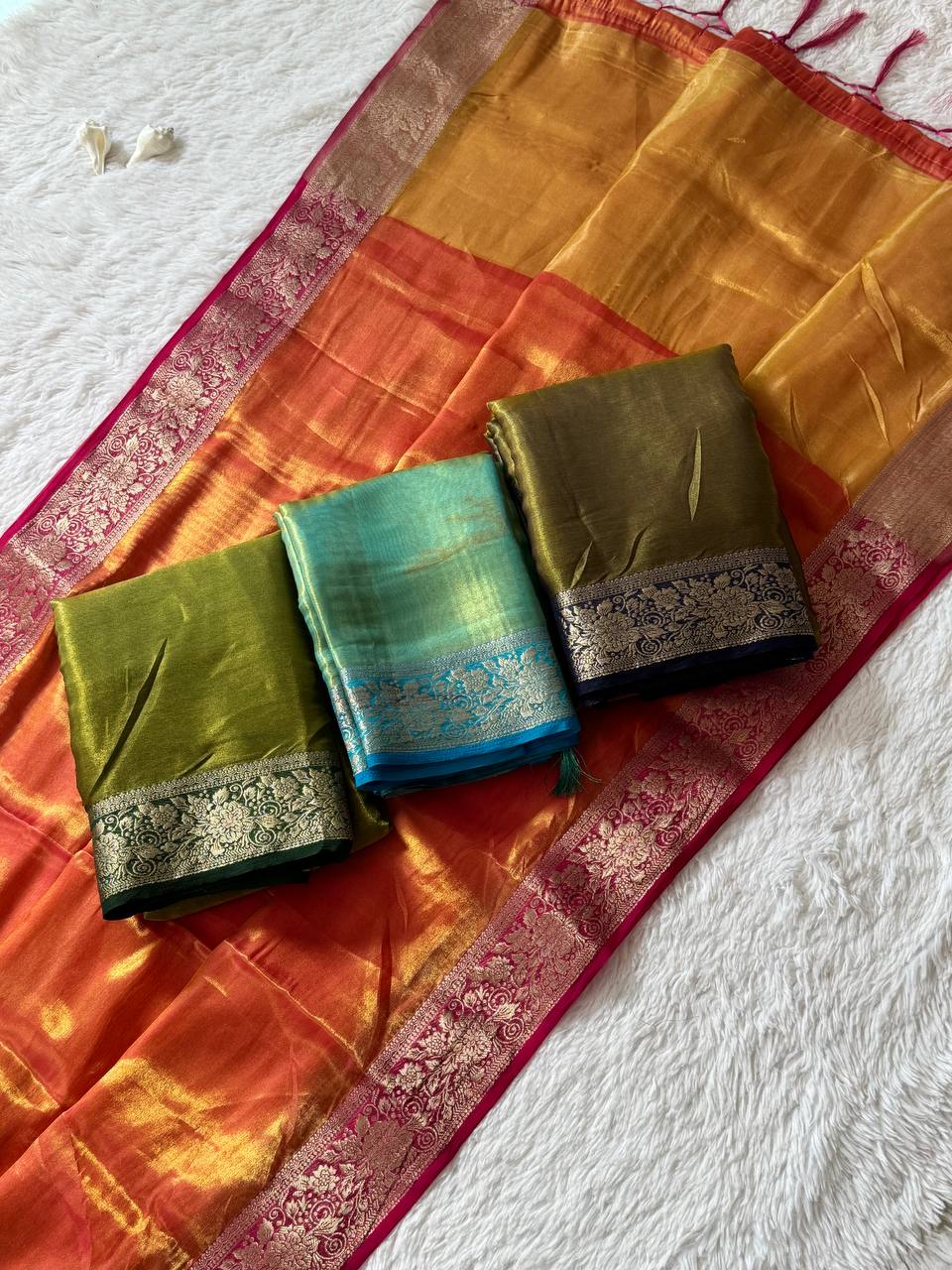 Sea Green Soft Space Silk Saree with Sky Blue Zari Border & Rich Zari Pallu