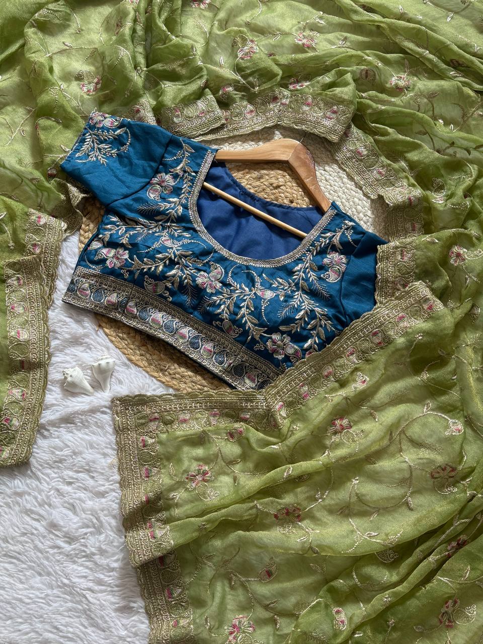 Olive Green Skuba Satin Wedding Saree with Rich Zari Meena Embroidery and Stitched Blouse