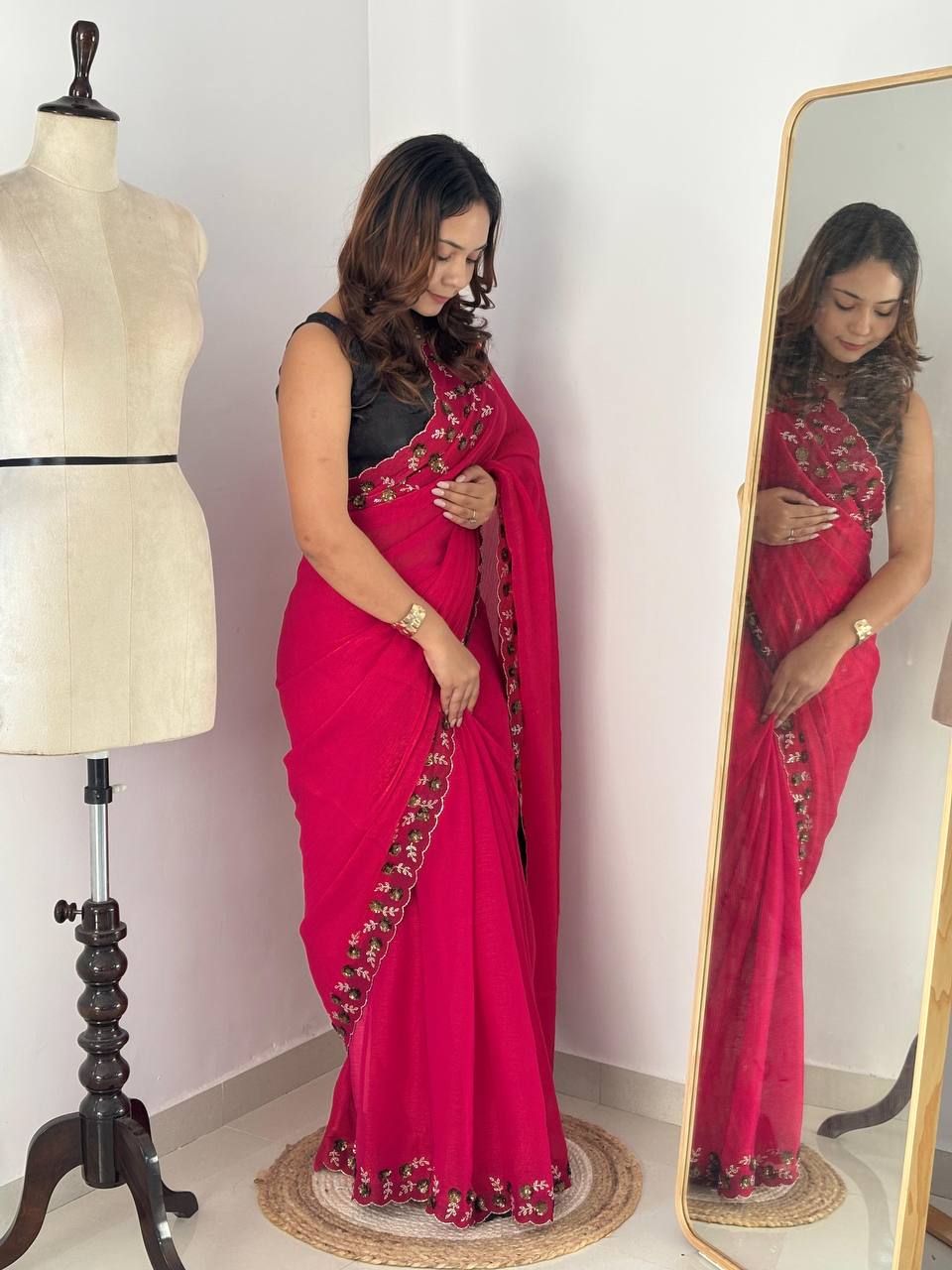 Wine Red Fendy Chiffon Party Wear Saree with Diamond Cut Dana Zarkhand Work