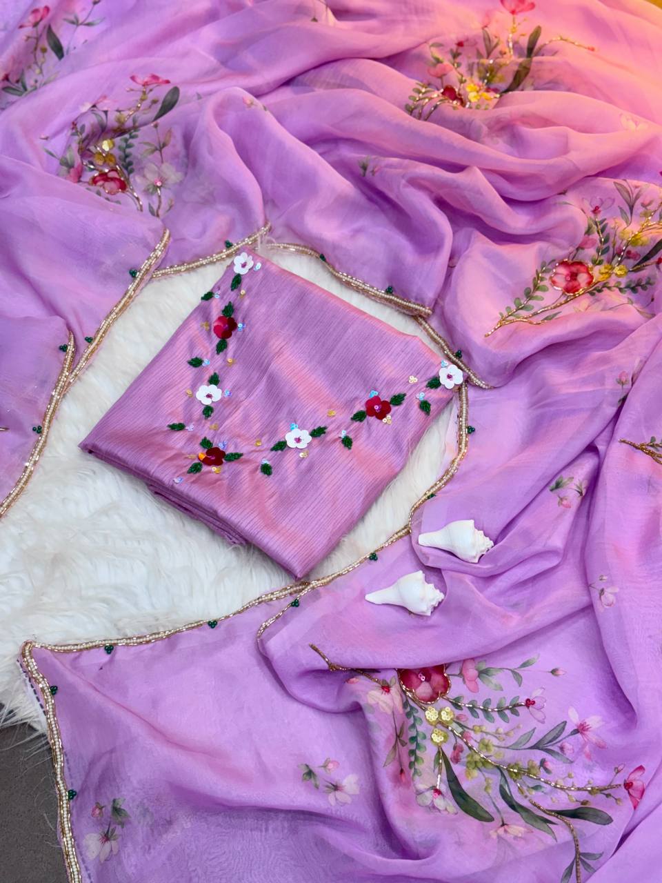 Soft Pink Tabi Organza Celebrity Style Saree with Floral Handwork