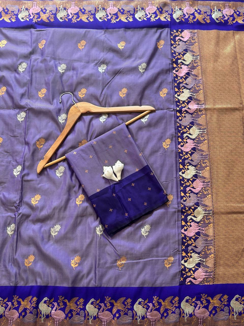 Purple Soft Silk Saree with Zari Jacquard Border & Swan Motif Work