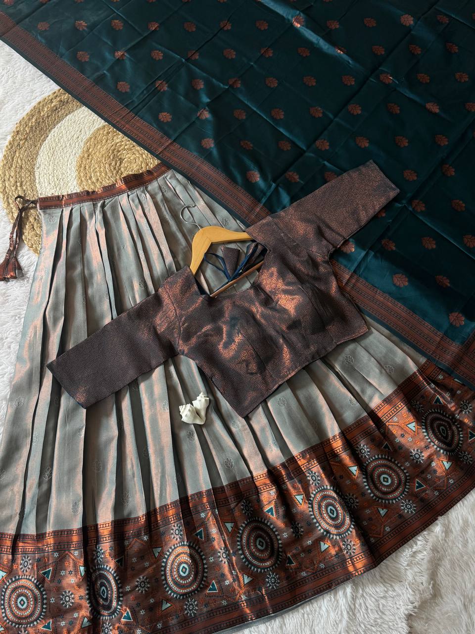 Teal Green Kanjiveram Silk Half Saree Set with Pure Zari Weaving