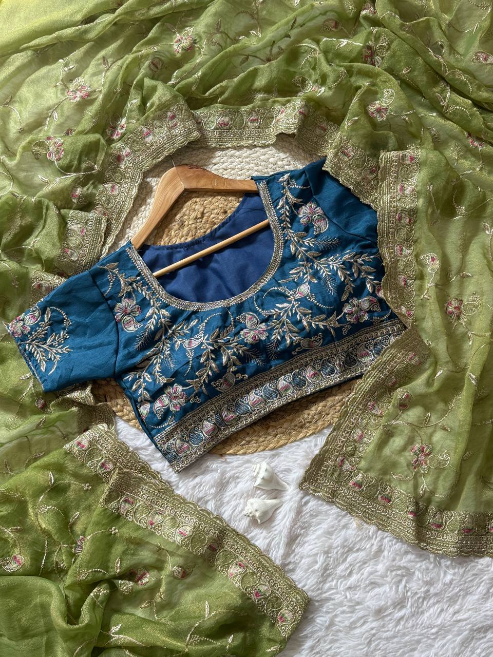 Olive Green Skuba Satin Wedding Saree with Rich Zari Meena Embroidery and Stitched Blouse