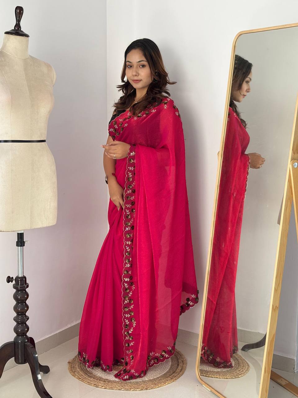 Wine Red Fendy Chiffon Party Wear Saree with Diamond Cut Dana Zarkhand Work