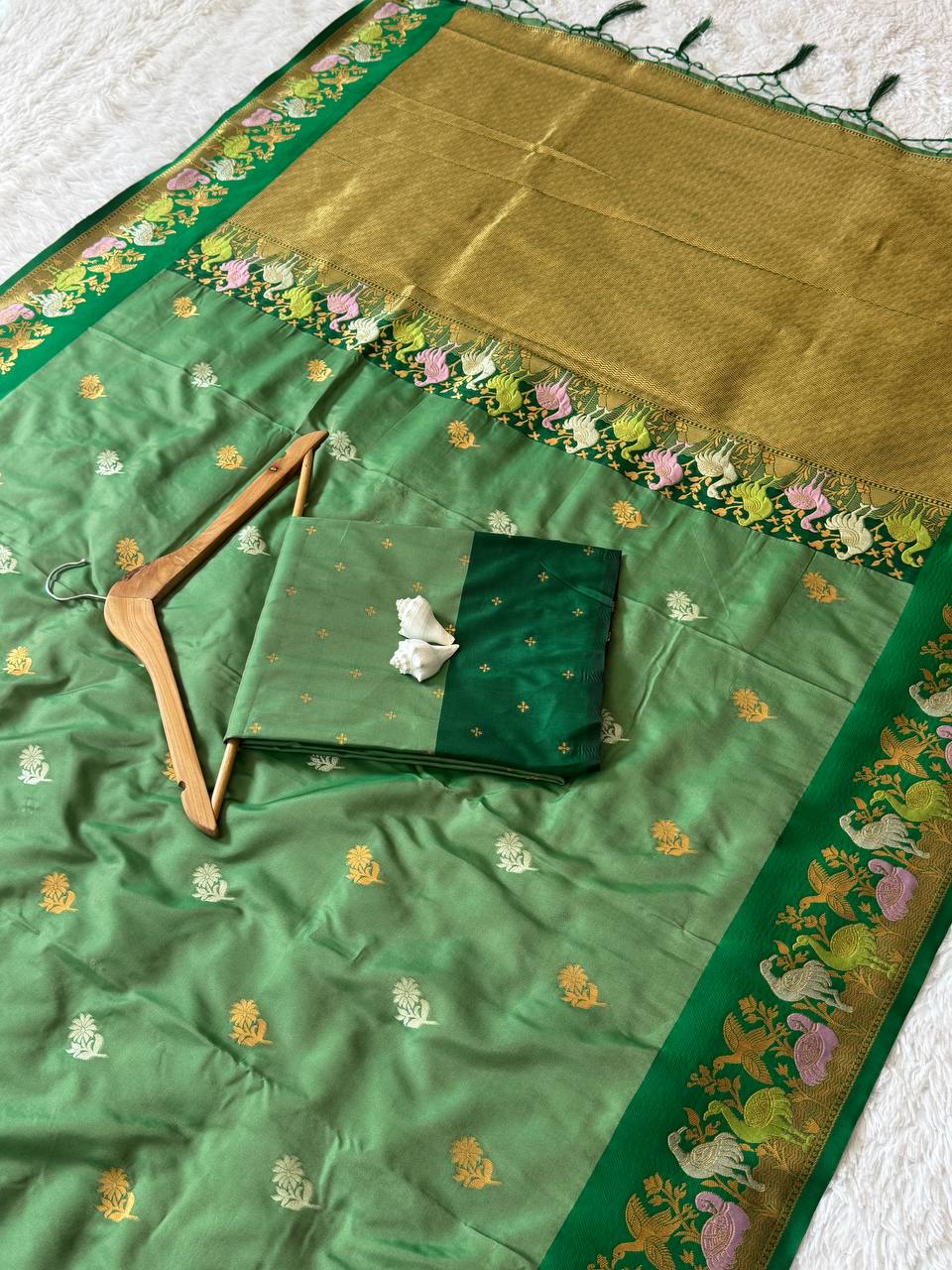 Green Soft Silk Saree with Zari Jacquard Border & Swan Motif Work