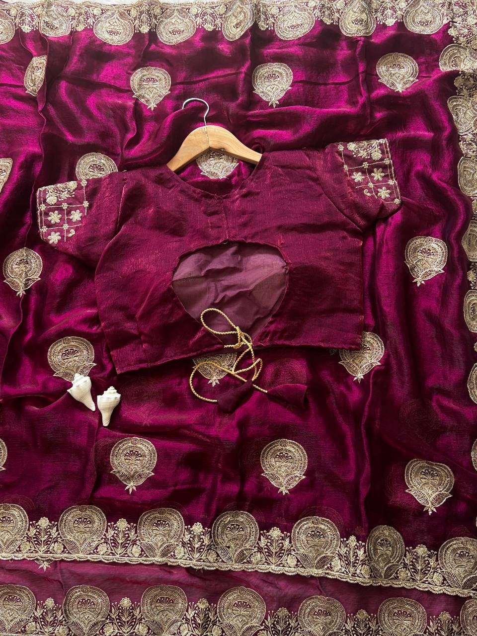 Wine Maroon Satin Saree with Heavy Embroidered Border and Stitched Blouse