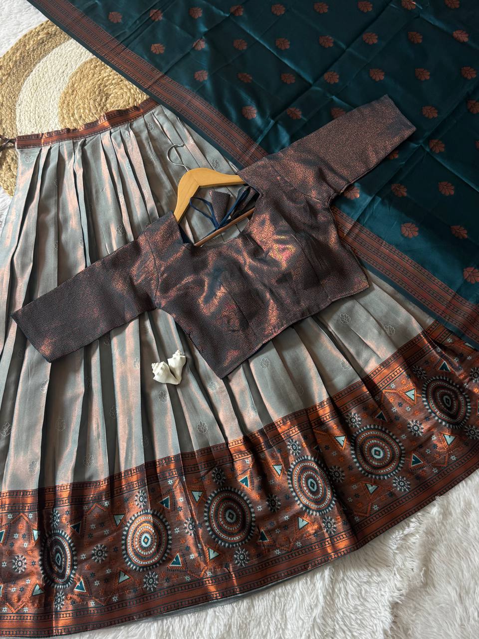 Teal Green Kanjiveram Silk Half Saree Set with Pure Zari Weaving