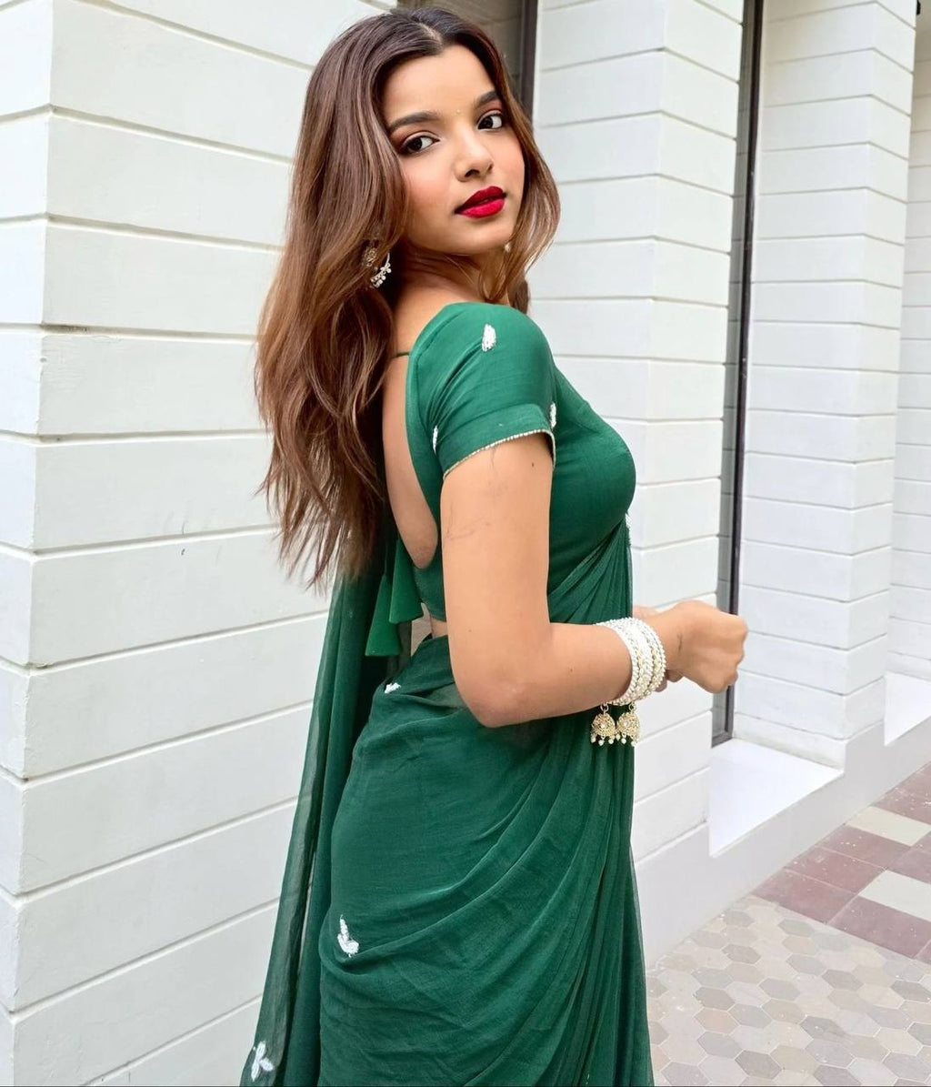 Bottle Green Handwork Cut Dana Georgette Dinner Saree with Silver Border