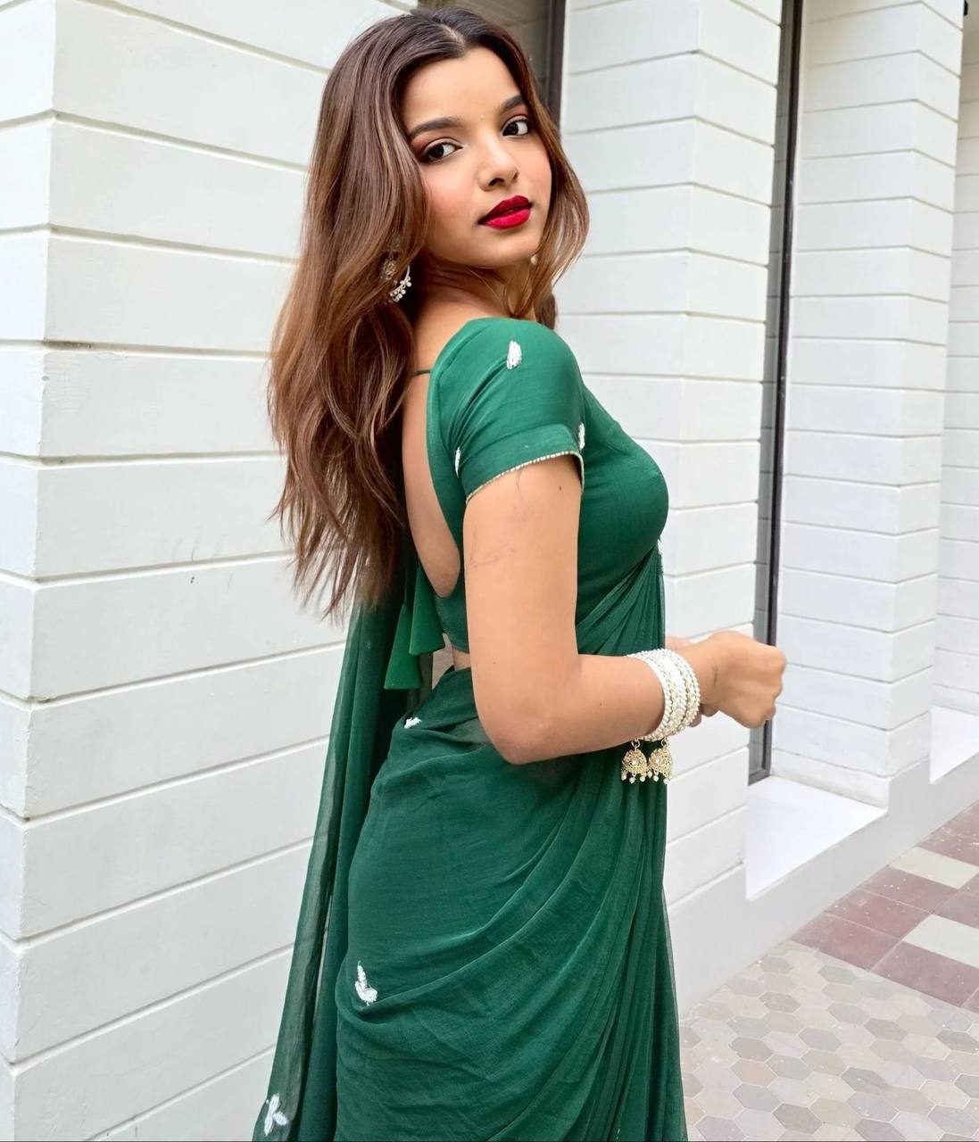 Bottle Green Handwork Cut Dana Georgette Dinner Saree with Silver Border