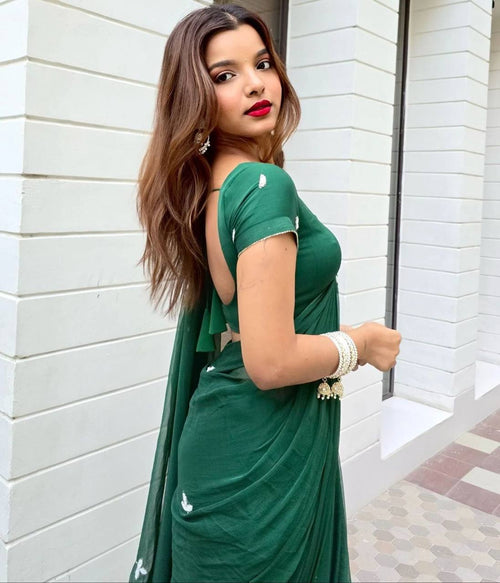 Bottle Green Handwork Cut Dana Georgette Dinner Saree with Silver Border