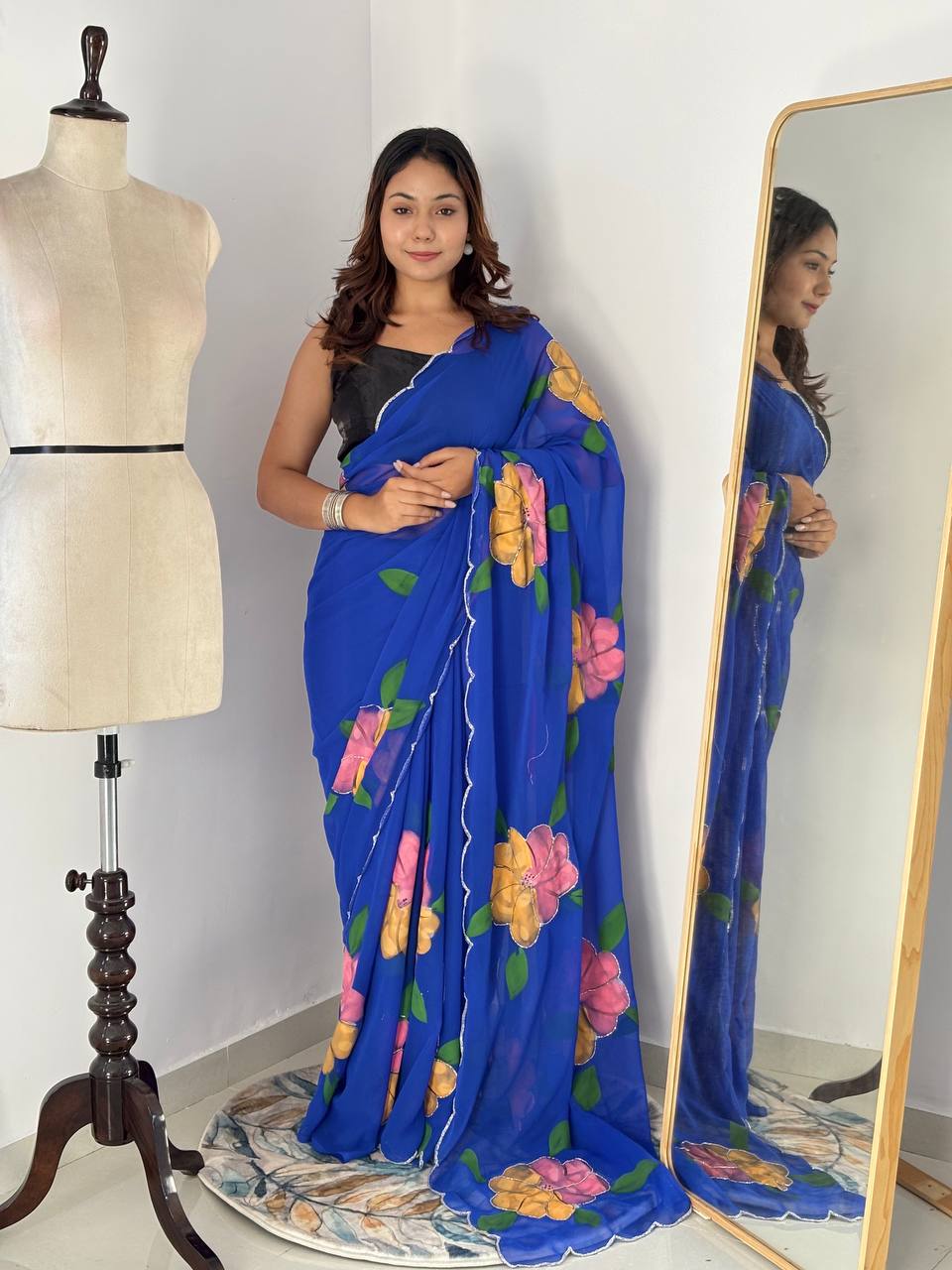 Celebrity Style Royal Blue Handpainted Georgette Saree with Cut Dana Khatali Work
