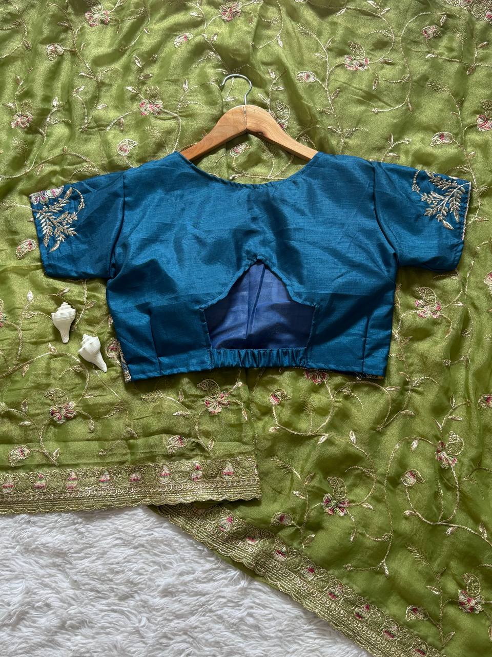 Olive Green Skuba Satin Wedding Saree with Rich Zari Meena Embroidery and Stitched Blouse