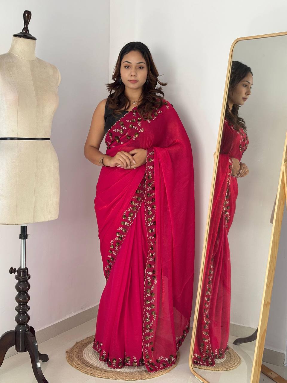 Wine Red Fendy Chiffon Party Wear Saree with Diamond Cut Dana Zarkhand Work