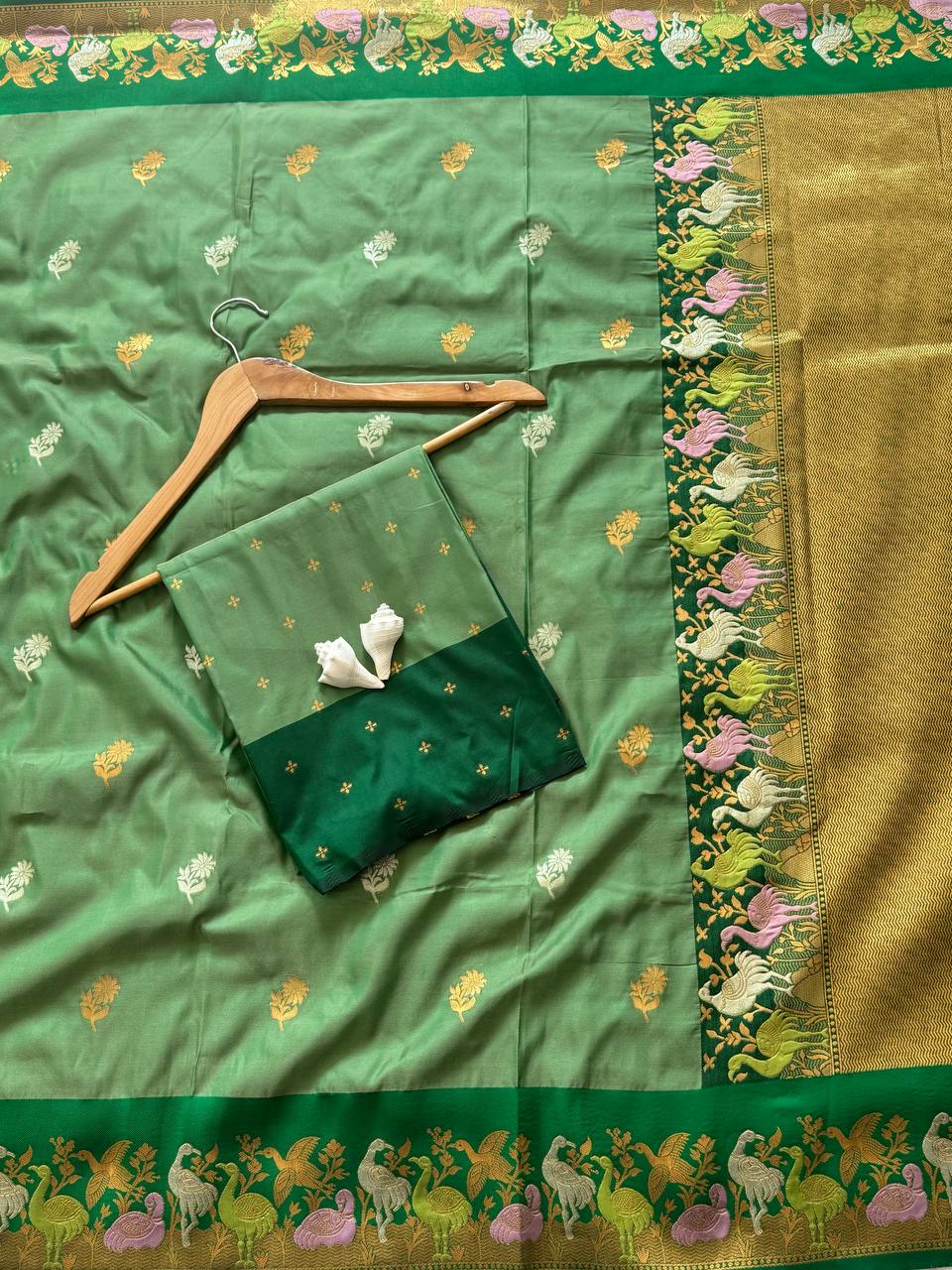 Green Soft Silk Saree with Zari Jacquard Border & Swan Motif Work