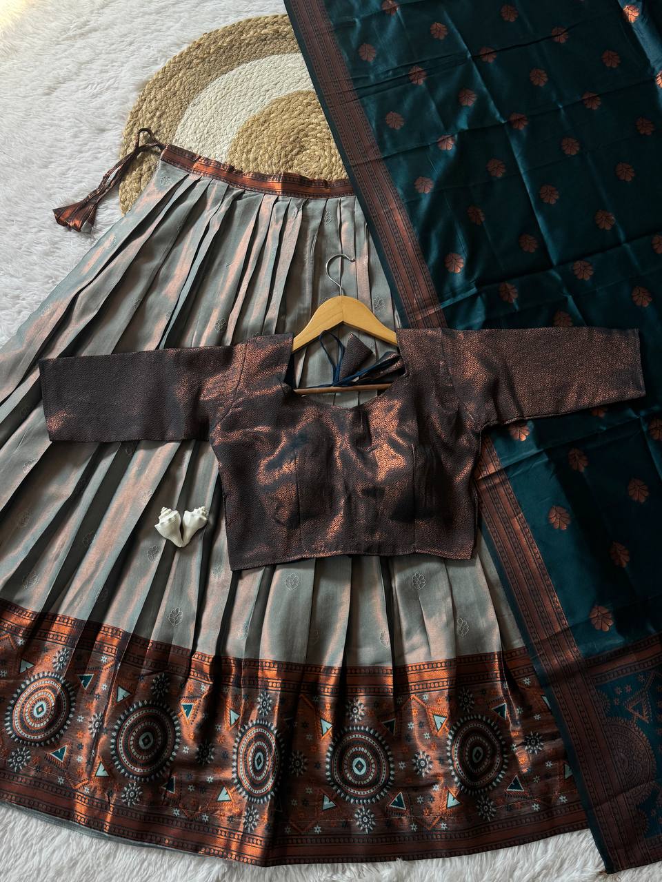 Teal Green Kanjiveram Silk Half Saree Set with Pure Zari Weaving