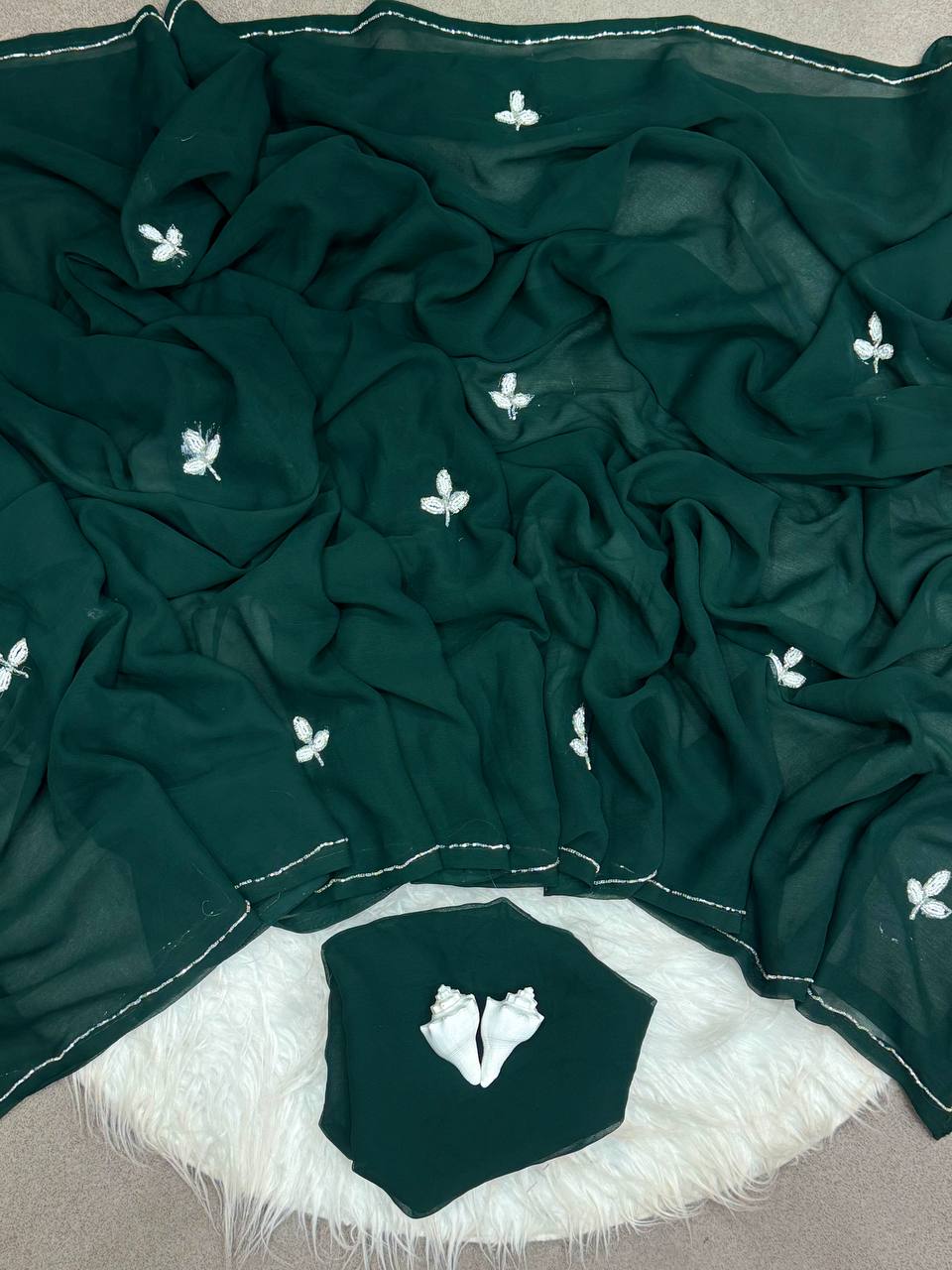 Bottle Green Handwork Cut Dana Georgette Dinner Saree with Silver Border