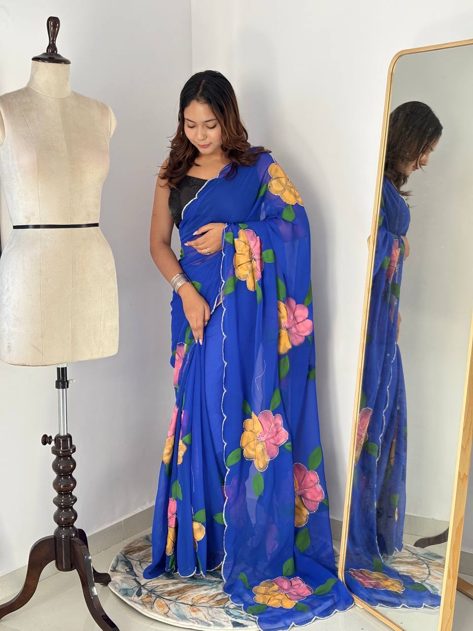 Celebrity Style Royal Blue Handpainted Georgette Saree with Cut Dana Khatali Work