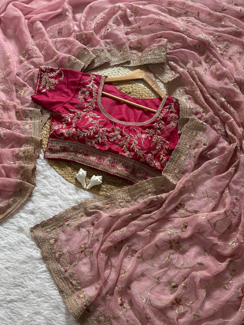 Dusty Rose Skuba Satin Wedding Saree with Zari Meena Embroidery and Stitched Blouse