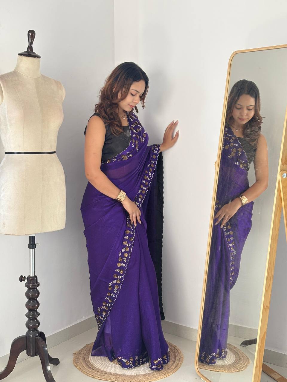 Royal Purple Fendy Chiffon Saree with Zarkhand Diamond Cut Dana Handwork