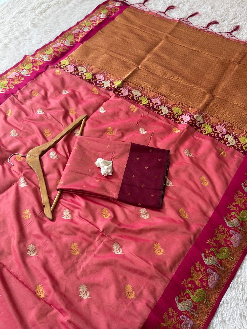 Pink Soft Silk Saree with Zari Jacquard Border & Swan Motif Work