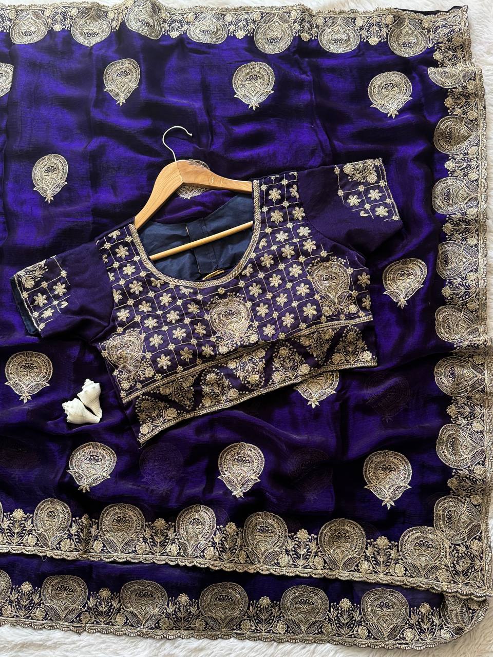 Royal Purple Satin Saree with Heavy Embroidered Border and Stitched Blouse
