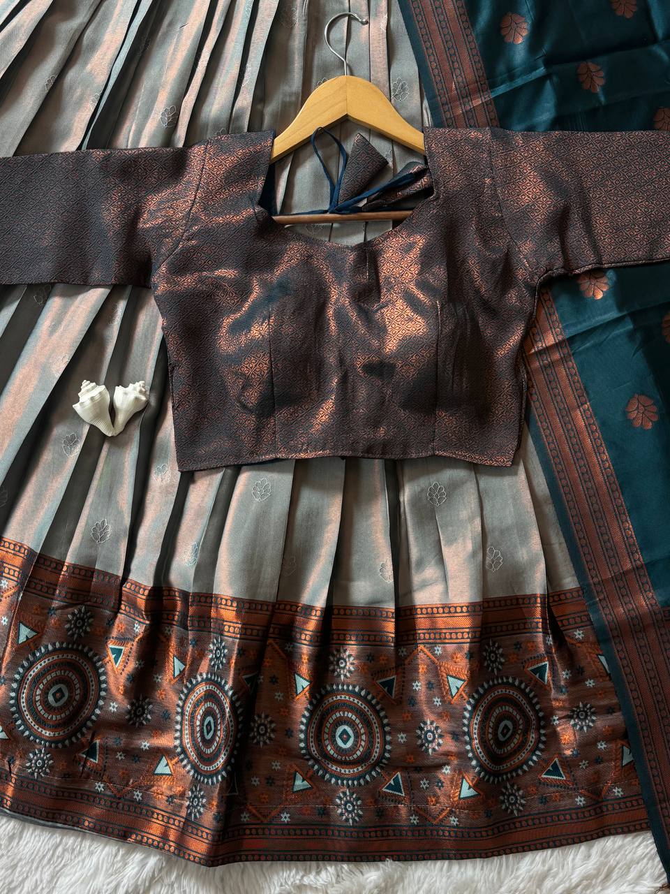 Teal Green Kanjiveram Silk Half Saree Set with Pure Zari Weaving