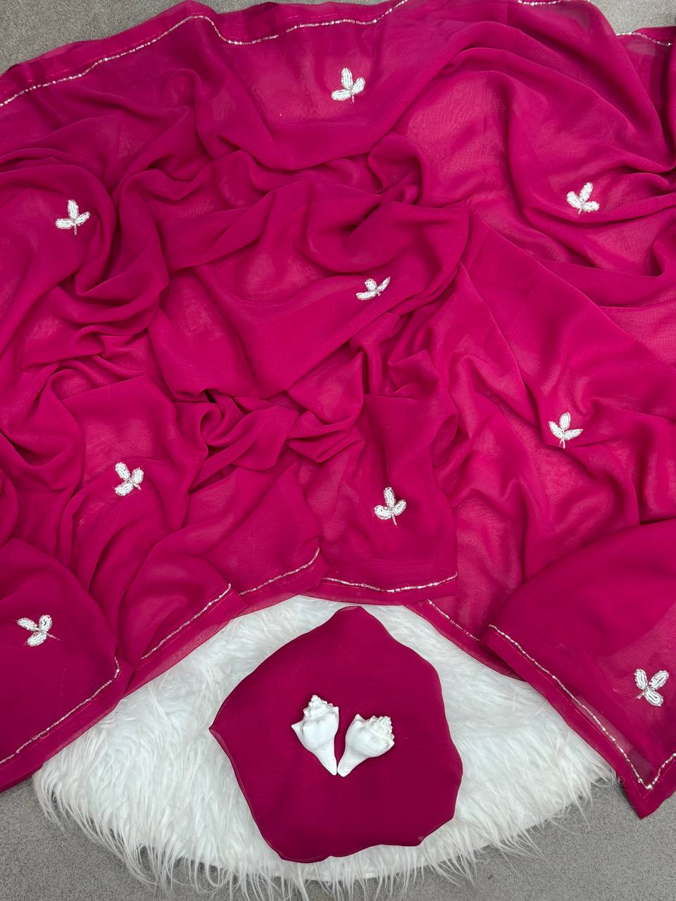 Wine Red Handwork Cut Dana Georgette Dinner Saree with Silver Border