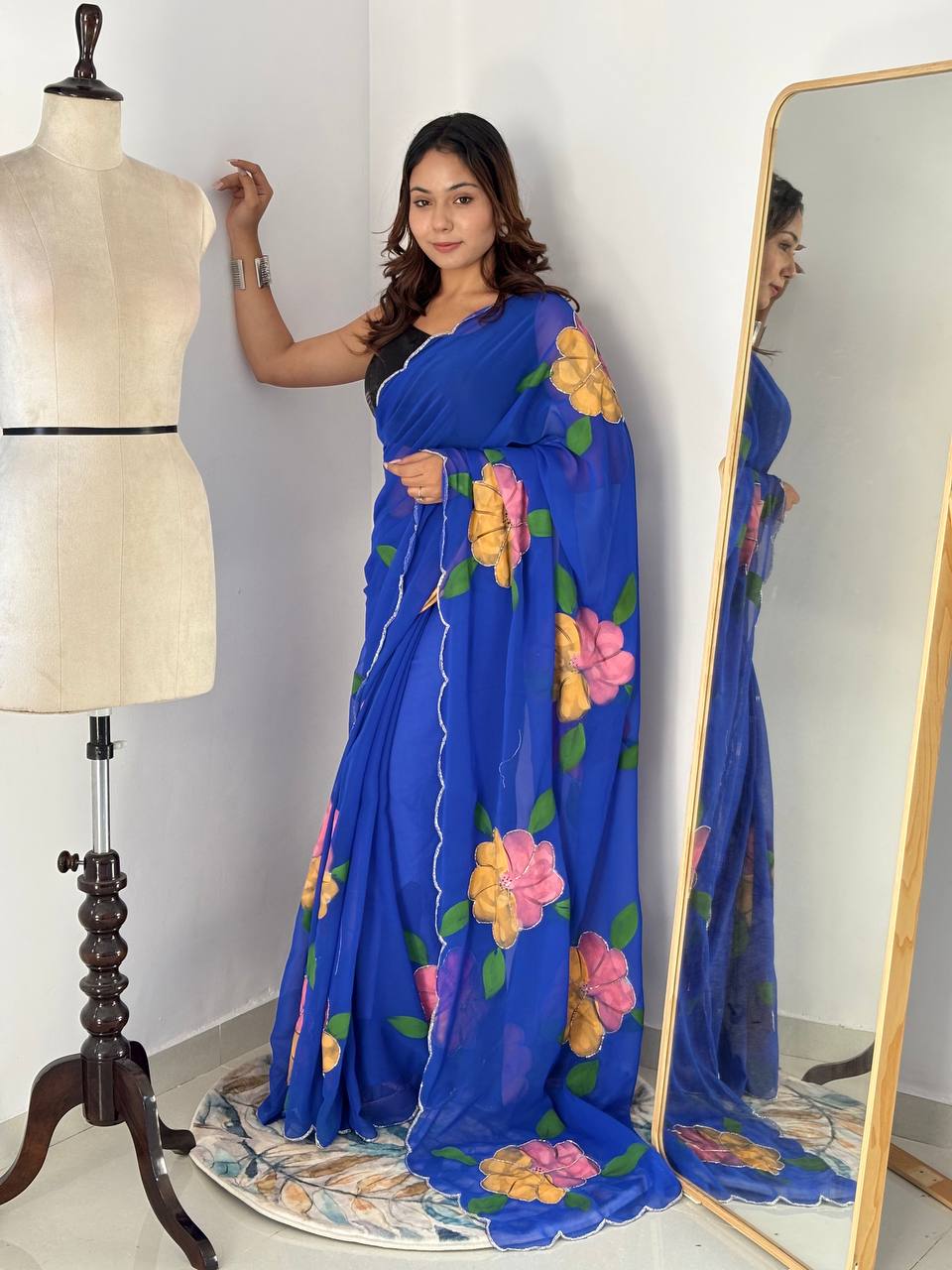 Celebrity Style Royal Blue Handpainted Georgette Saree with Cut Dana Khatali Work