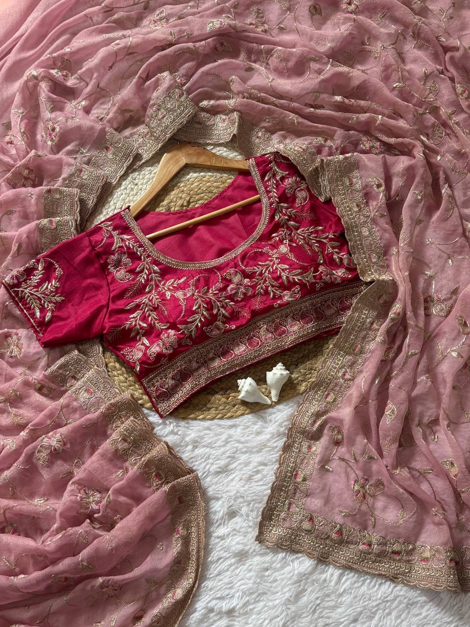 Dusty Rose Skuba Satin Wedding Saree with Zari Meena Embroidery and Stitched Blouse