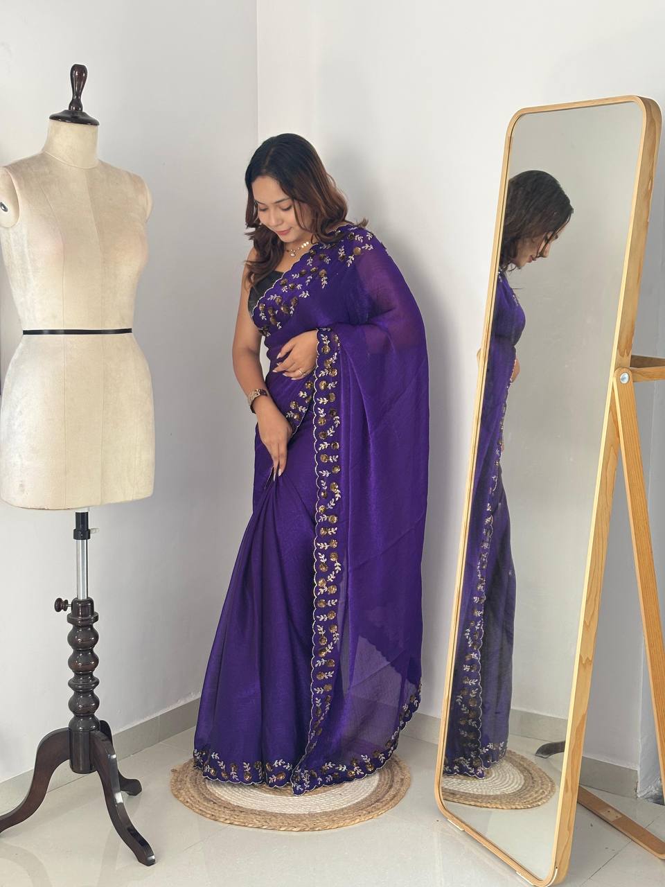 Royal Purple Fendy Chiffon Saree with Zarkhand Diamond Cut Dana Handwork