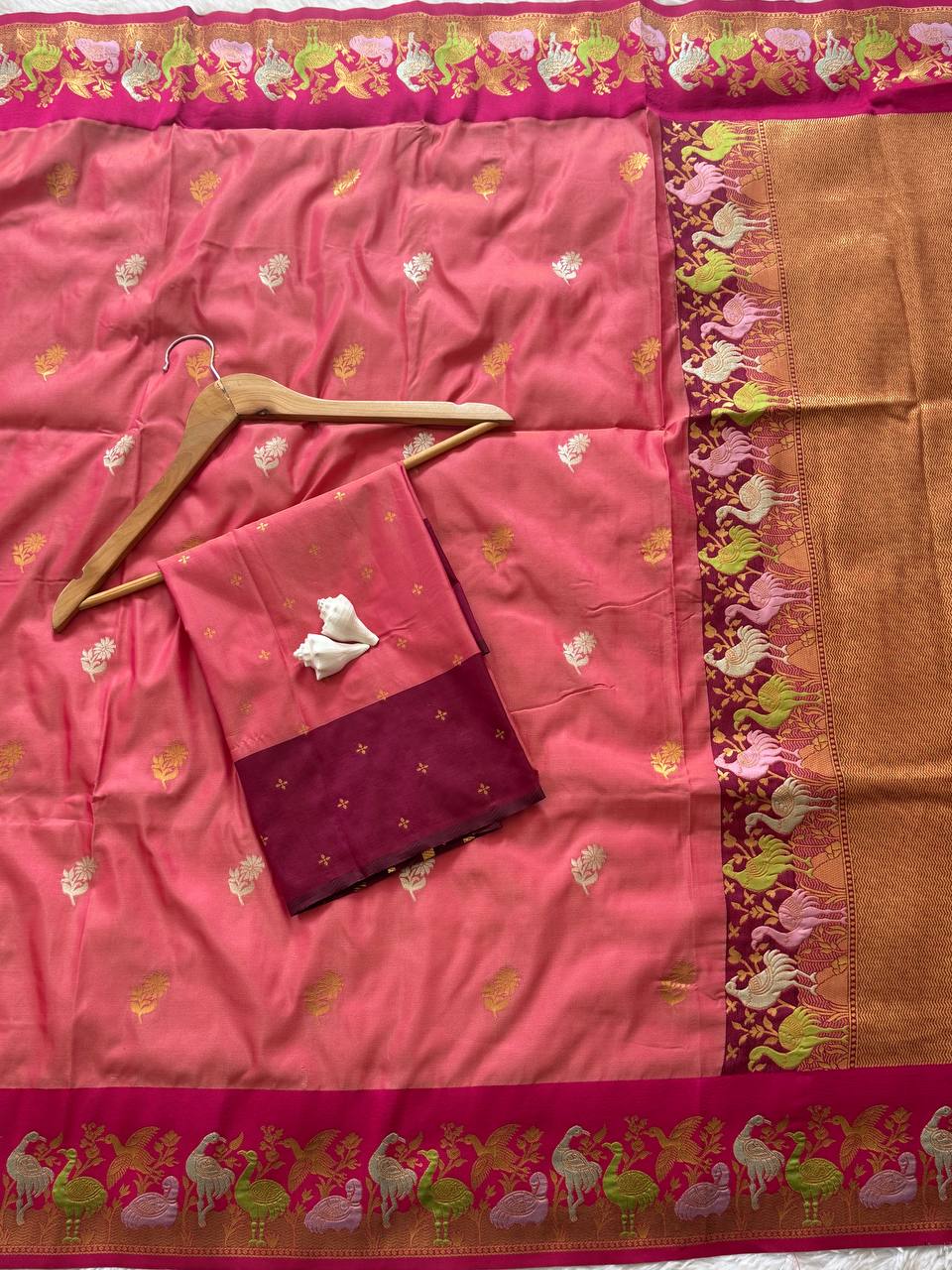 Pink Soft Silk Saree with Zari Jacquard Border & Swan Motif Work