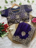 Royal Purple Satin Saree with Heavy Embroidered Border and Stitched Blouse