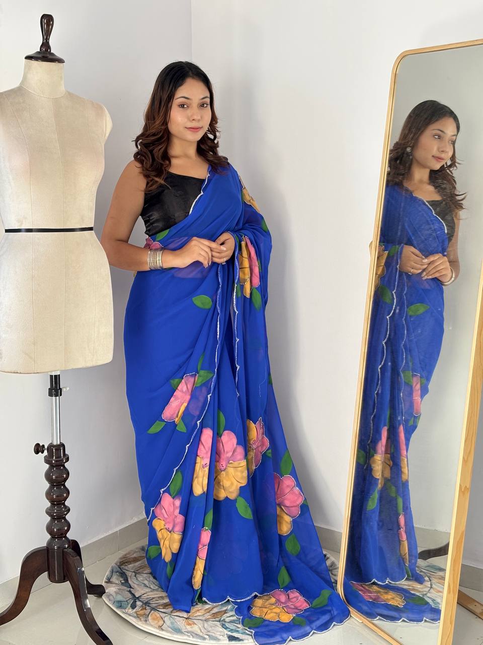 Celebrity Style Royal Blue Handpainted Georgette Saree with Cut Dana Khatali Work