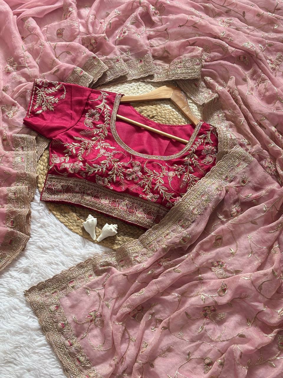 Dusty Rose Skuba Satin Wedding Saree with Zari Meena Embroidery and Stitched Blouse