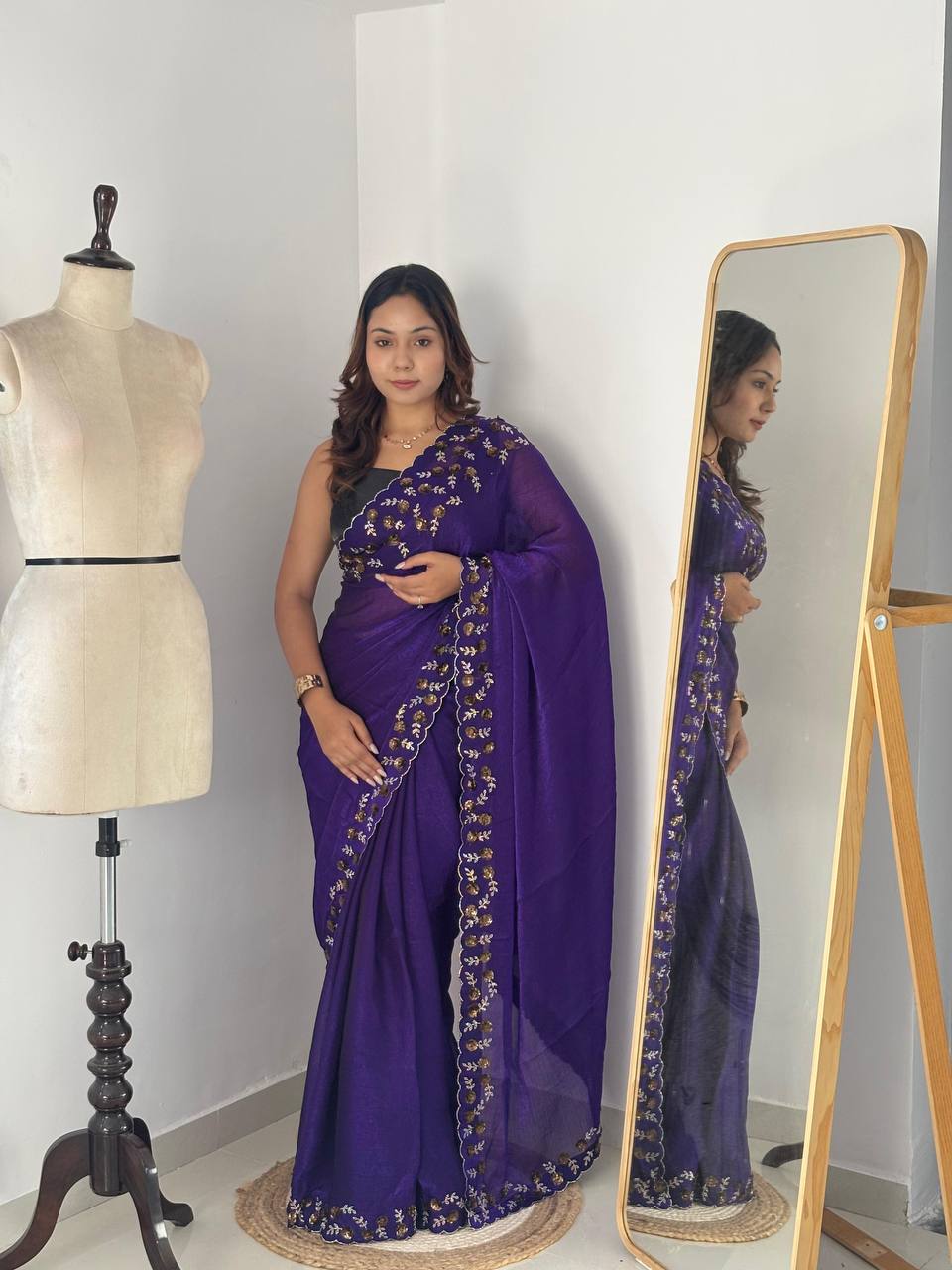 Royal Purple Fendy Chiffon Saree with Zarkhand Diamond Cut Dana Handwork